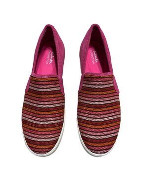 Clarks Colorful Striped Slip-On Comfort Flats Pink Orange Red White Knit Women's